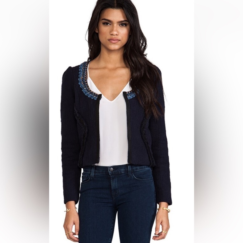 Maison Scotch Fringe Trim Tweed Blazer